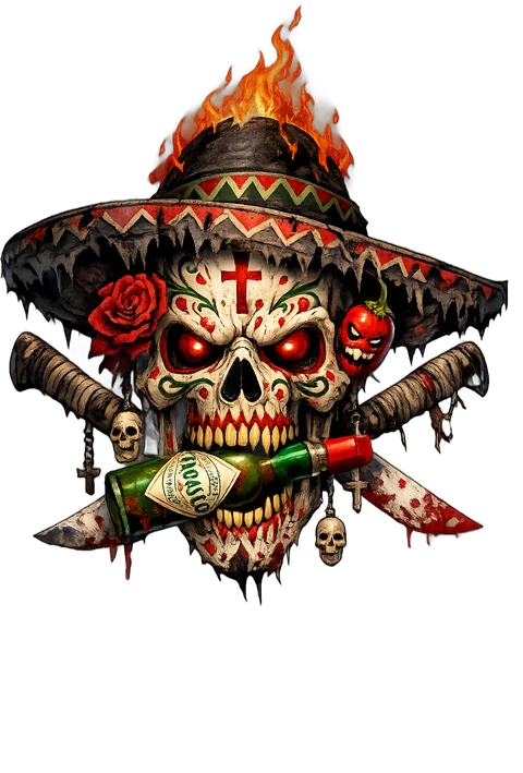 Calavera mexicaine Tabascorbo : crâne au sombrero enflammé tenant une bouteille de sauce Jalapeños.