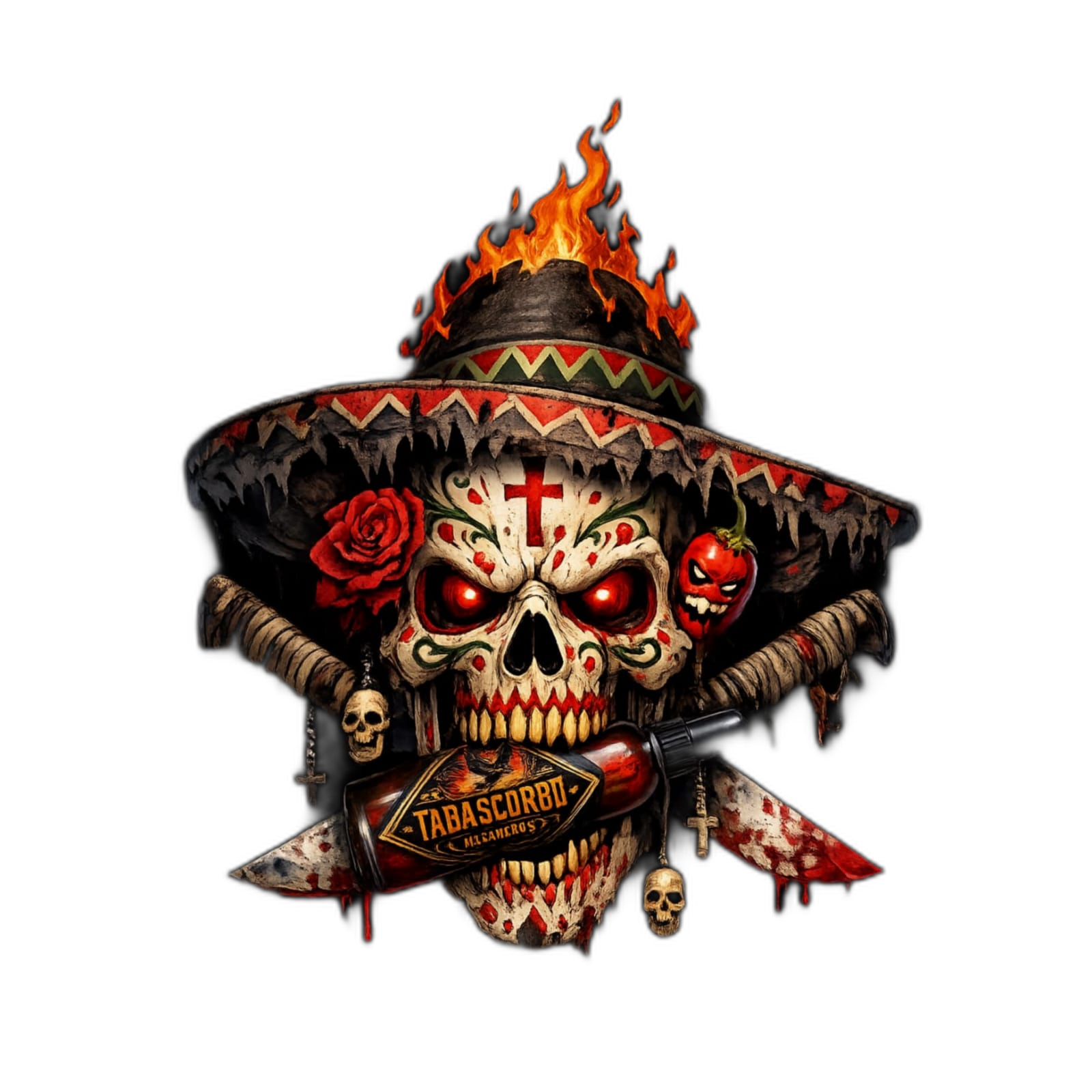 Mexikanische Calavera Tabascorbo: Totenkopf mit brennendem Sombrero hält eine Habaneros-Sossenflasche.
