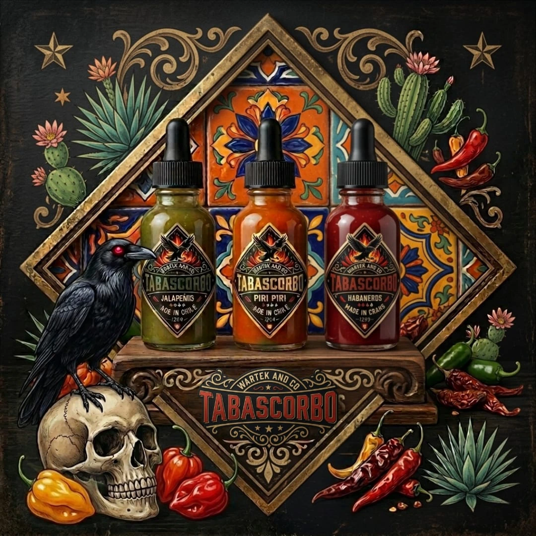 Beutel & Koffer: die drei Tabascorbo-Flaschen (Jalapeños, Piri Piri, Habaneros) auf einem Rahmen aus mexikanischen Fliesen, Rabe auf einem mexikanischen Totenkopf.