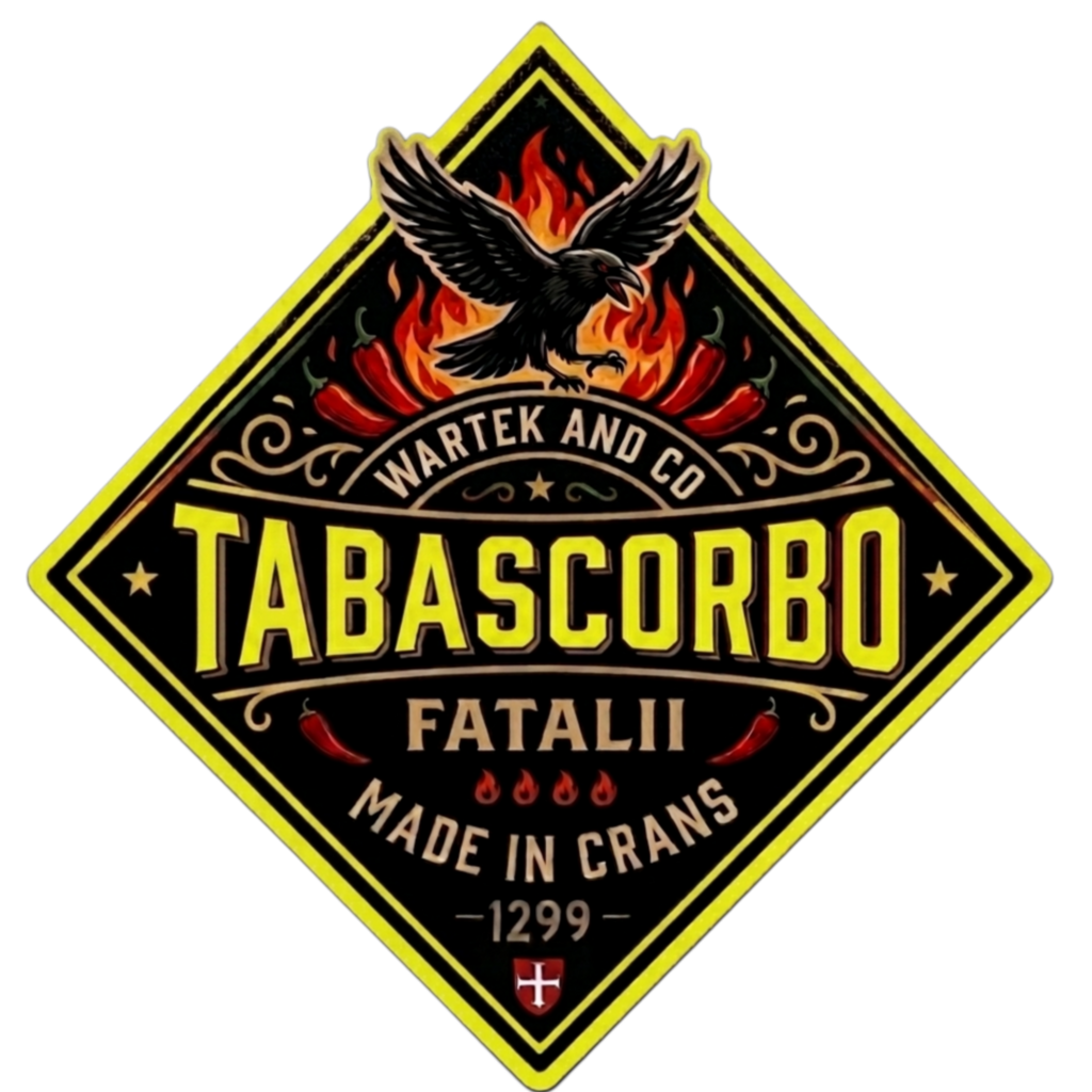 Étiquette losange officielle Fatalii : corbeau enflammé, Tabascorbo, Made in Crans 1299.