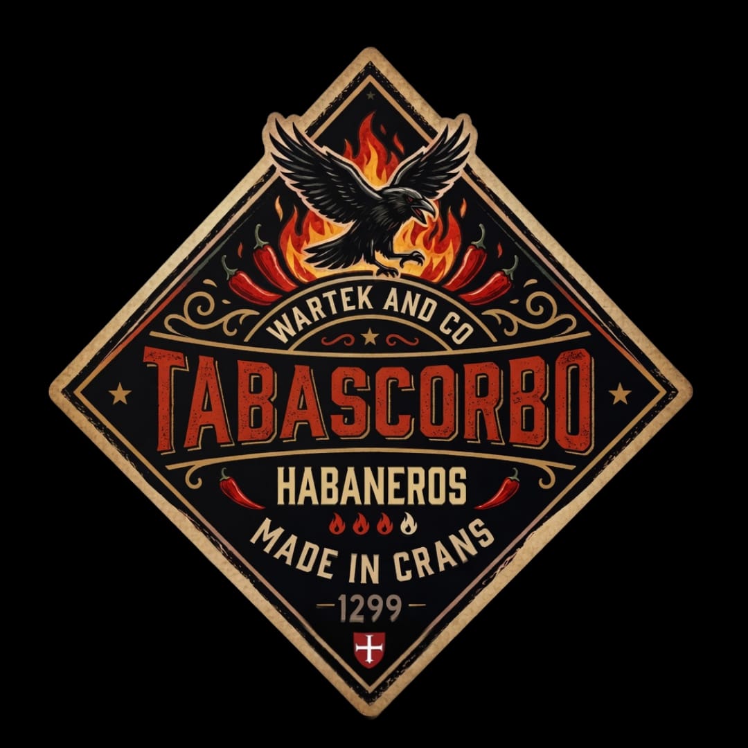 Étiquette losange officielle Habaneros : corbeau enflammé, Tabascorbo, Made in Crans 1299.
