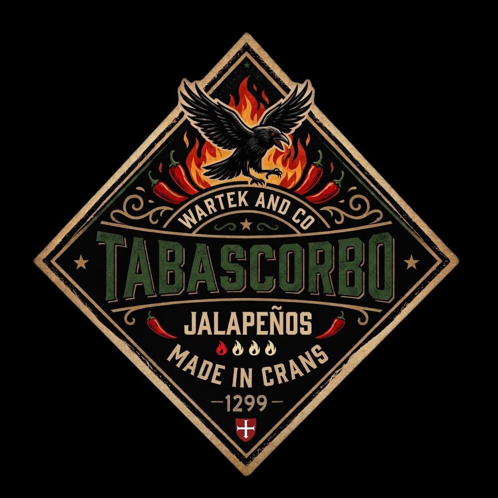 Étiquette losange officielle Jalapeños : corbeau enflammé, Tabascorbo, Made in Crans 1299.