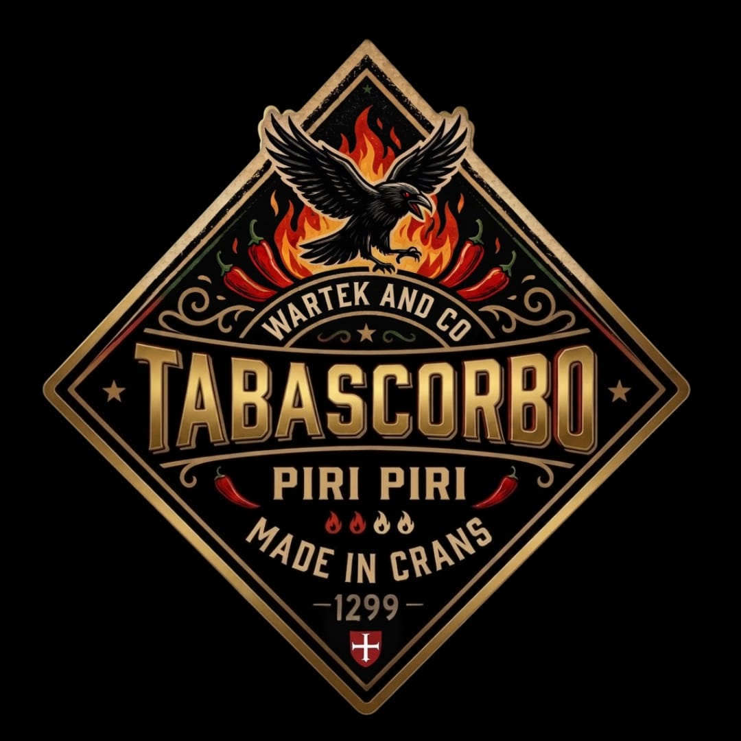 Étiquette losange officielle Piri Piri : corbeau enflammé, Tabascorbo, Made in Crans 1299.